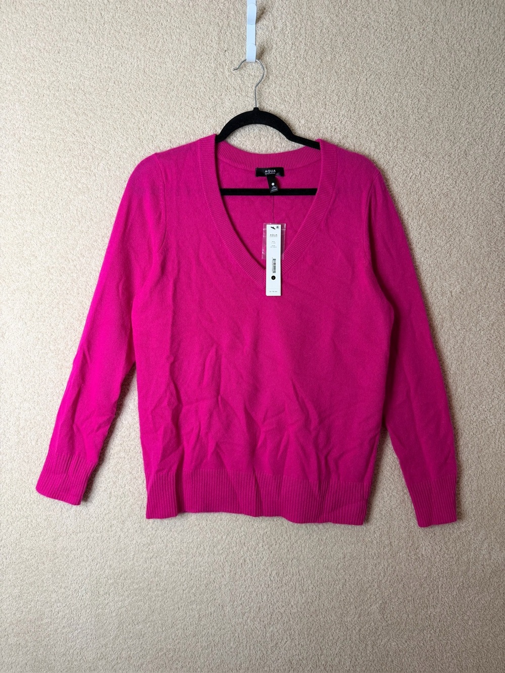 AQUA Cashmere Hot Fuchsia 100% Cashmere V-Neck Sweater NWT L